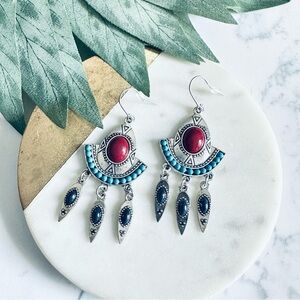 2/$30🌵 Stone Bohemian Silver Fringe Earrings Tassel Southwestern Boho Gift NEW